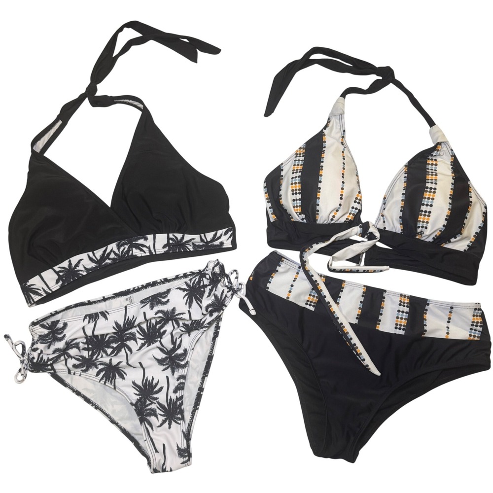 Lot of 2 Bikini Set Bundle 2pc Palm Tree Striped Black White Size M Swimsuit